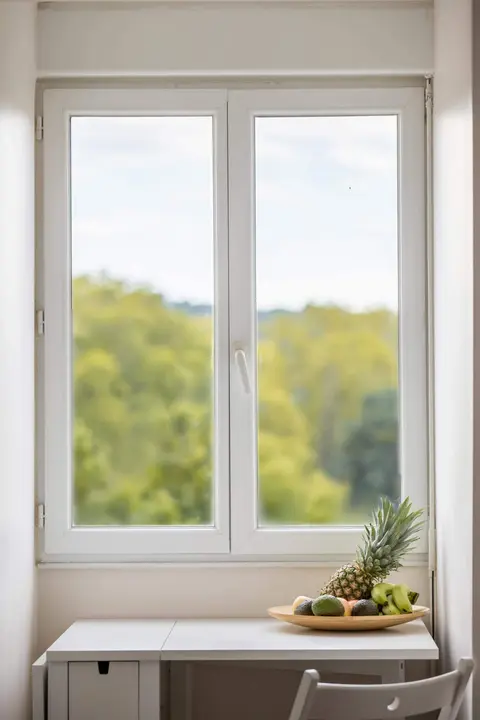 Table devant la fenêtre ouverte sur les arbres