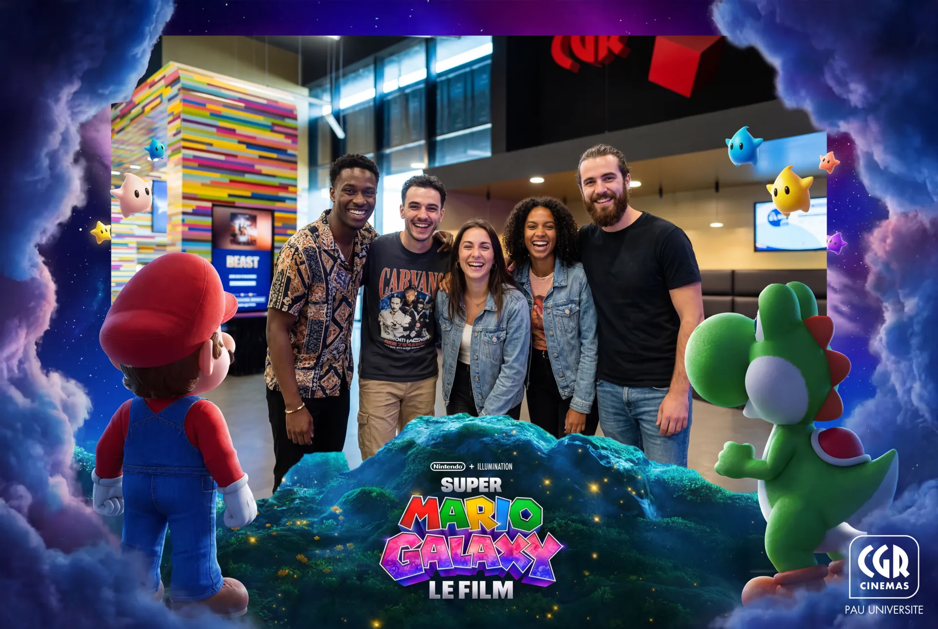 Groupe d’amis au photobooth Mario Galaxy au CGR Pau Université, avec décor immersif Mario et Yoshi