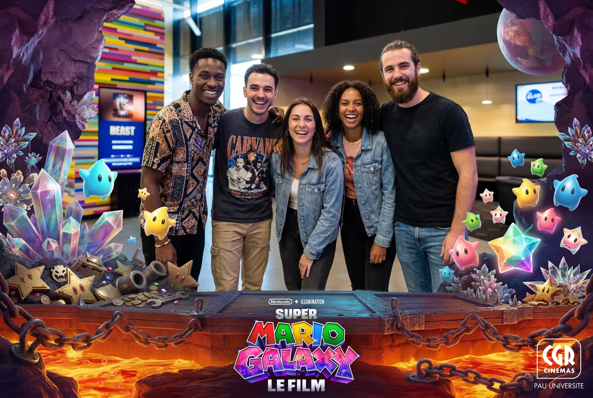 Groupe d’amis au photobooth Mario Galaxy au CGR Pau Université, décor coloré et ambiance fun au cinéma
