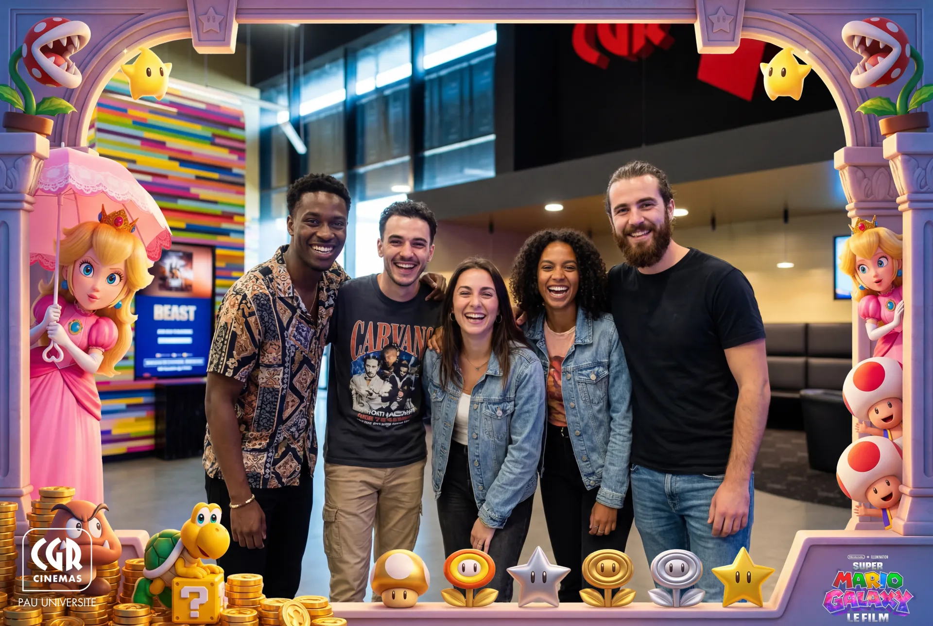 Groupe d’amis posant dans un photobooth Mario Galaxy au CGR Pau Université lors d’une animation photo festive