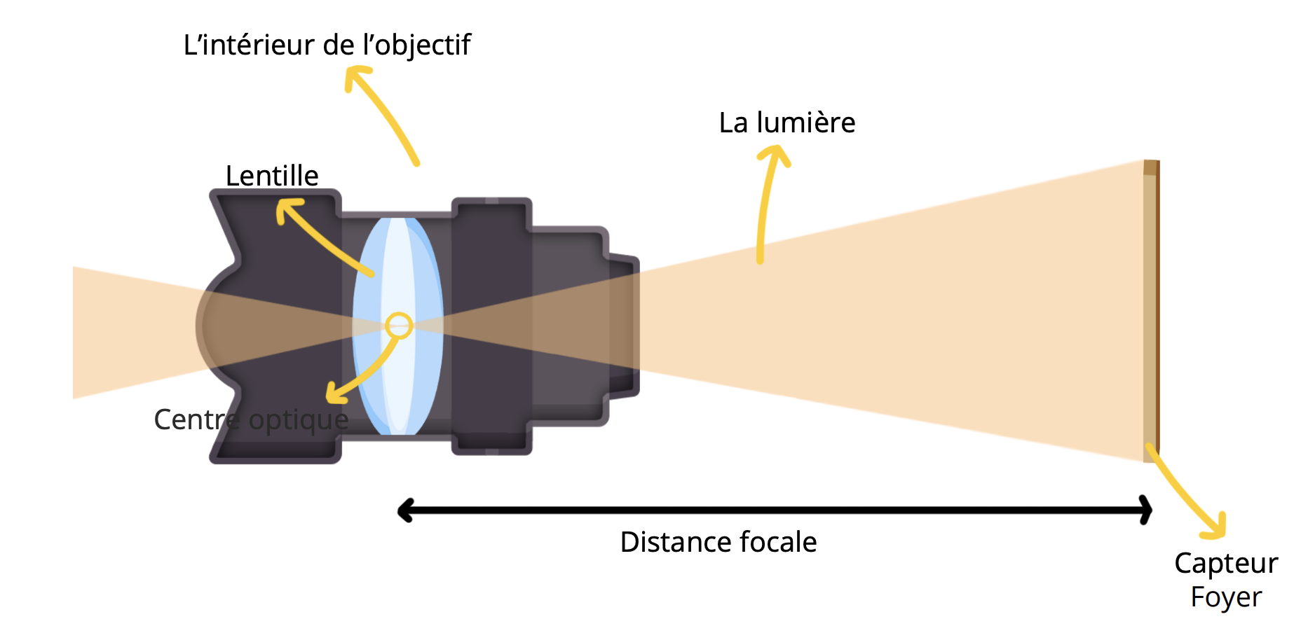 Schéma d’objectif photo montrant la lumière, le centre optique et la distance focale