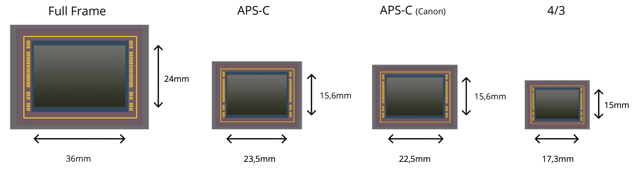 Comparatif des capteurs photo Full Frame, APS-C, APS-C Canon et micro 4/3 avec leurs dimensions
