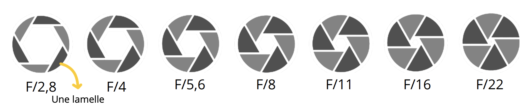Illustration des ouvertures du diaphragme de f/2,8 à f/22