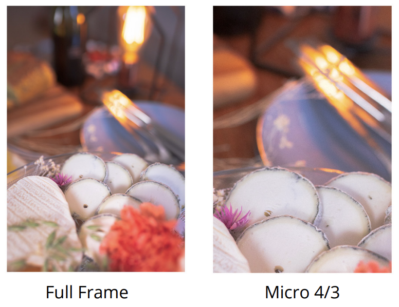 Comparaison capteurs photo plein format et micro 4/3 sur une scène de table avec fromages et flou d’arrière-plan