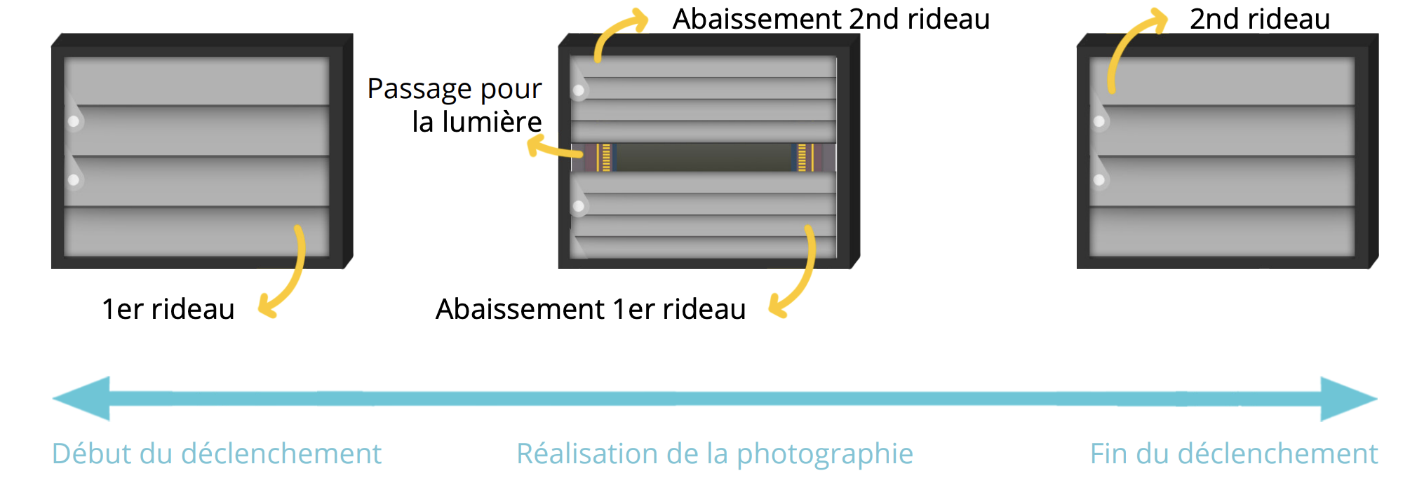 Schéma du fonctionnement des rideaux d’un obturateur mécanique