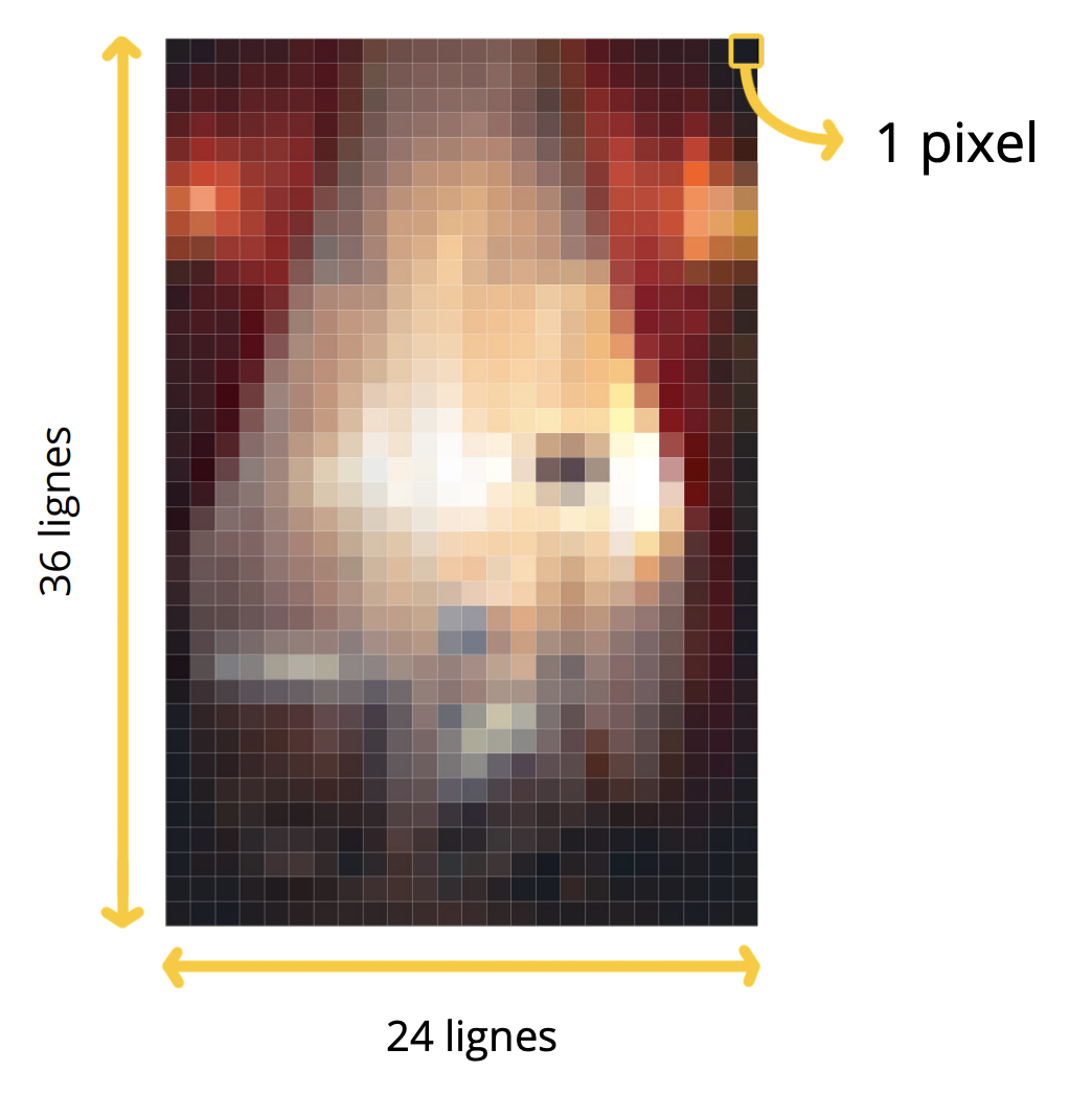 Schéma d’un capteur photo en pixels, avec 24 lignes sur 36 et indication d’un pixel pour comprendre le capteur photographique
